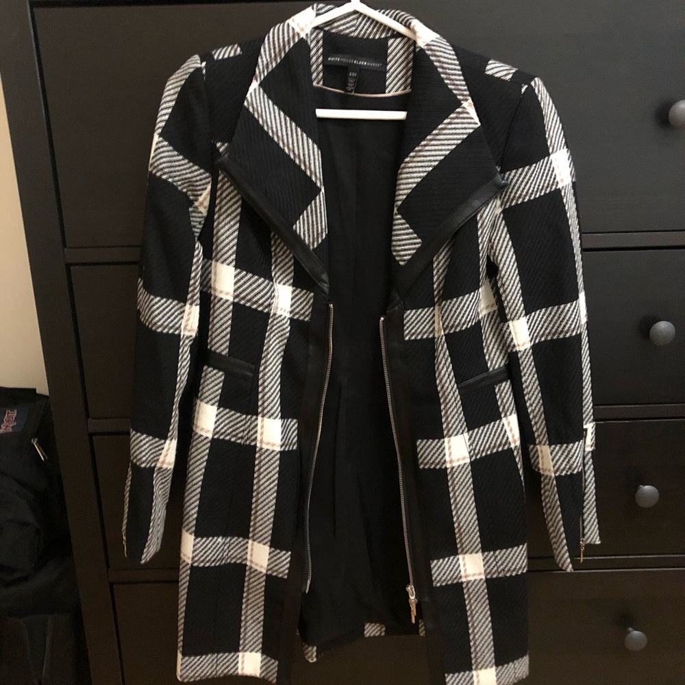 White House Black Market Black & White Plaid Pea Coat